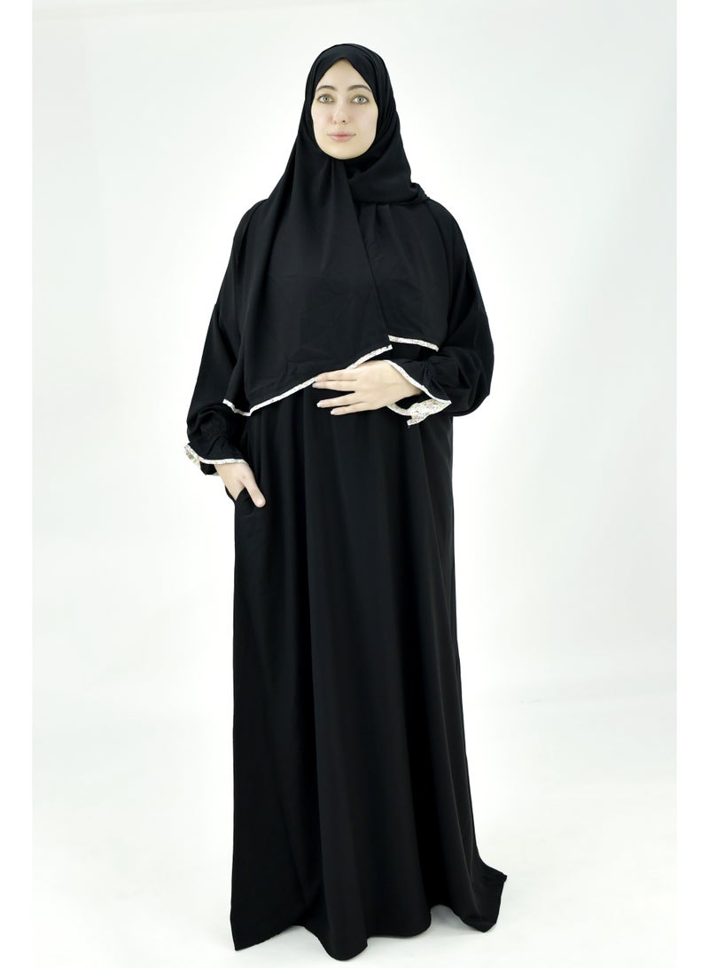  داماس كولكشن باس صلاة نسائي قطعة واحدة من قماش كريب فوكا فاخر مع وشاح متصل وجيب – ملابس صلاة شرعية مريحة - Image 1